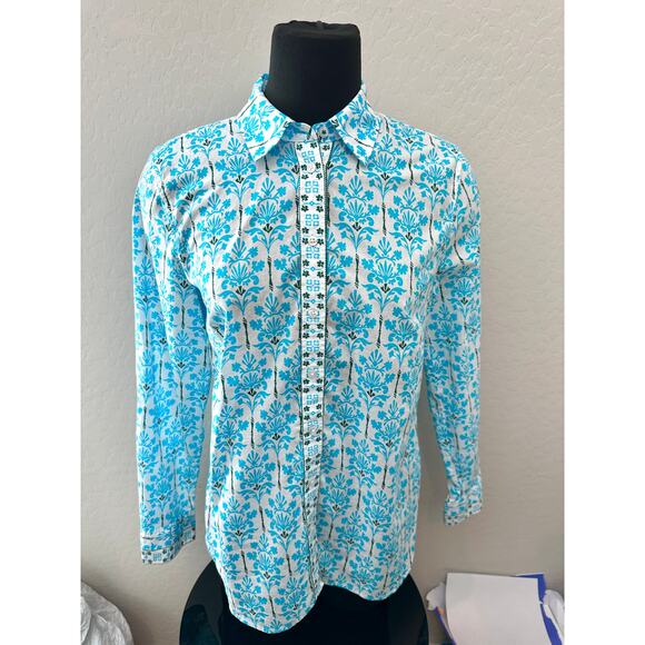 TALBOTS | Blue Floral Print Button Down Shirt 100% Cotton Long Sleeve | Small - Picture 2 of 6